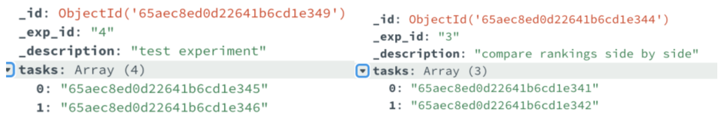 Example of experiments data structure in MongoDB