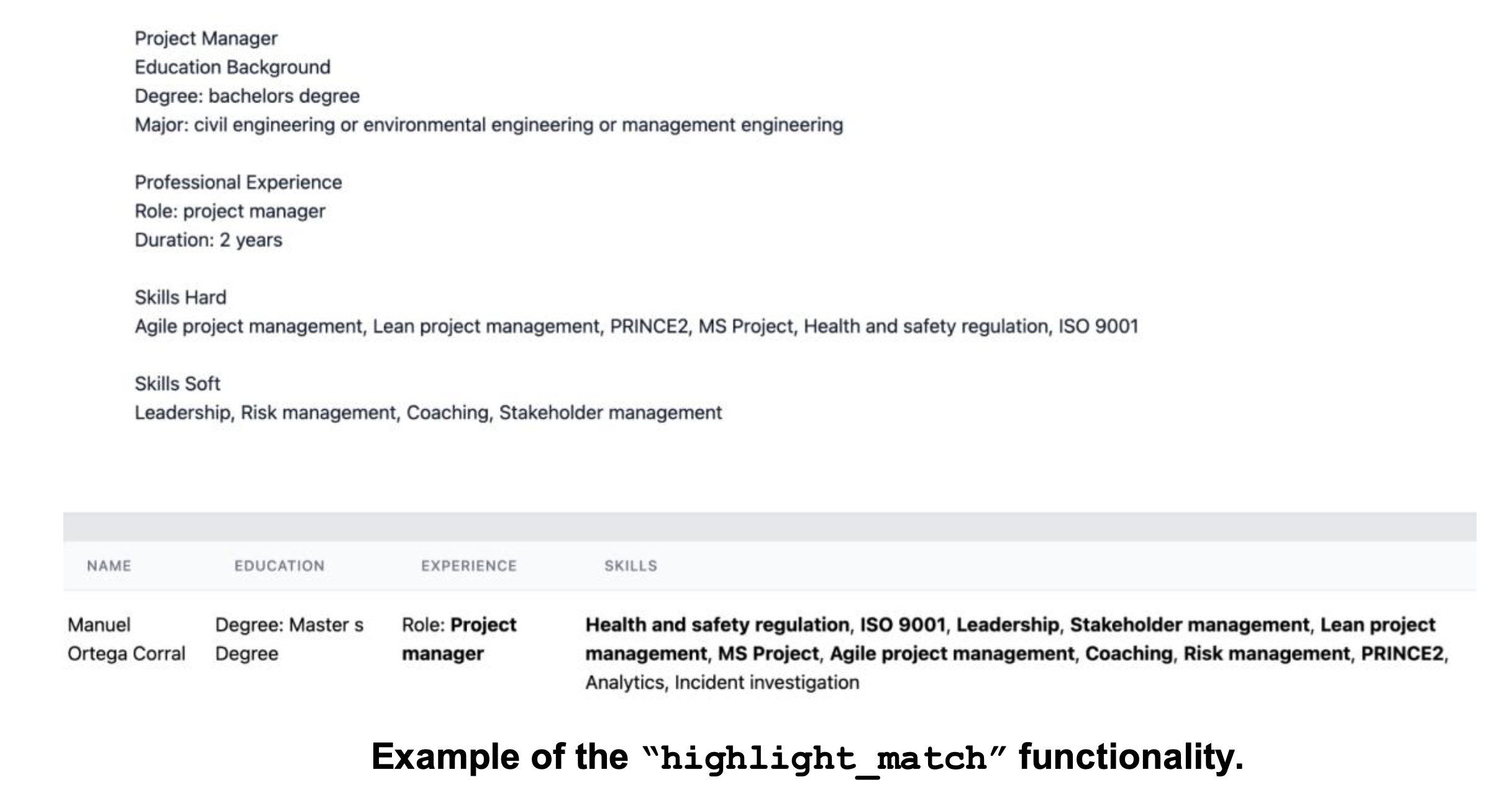 Example highlight match functionality